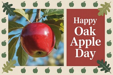Happy Oak Apple Day: A vibrant red apple hanging from a branch, celebrating autumn's harvest with warm sunlight and lush