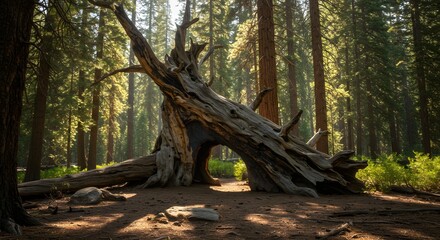 Obraz premium Fallen Tree in Forest Sunlight