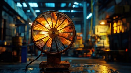 Fototapeta premium A glowing industrial heater inside of a dimly lit factory setting