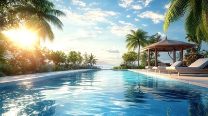 Fototapeta premium Serene tropical poolside scene with sun, palm trees, and gazebo