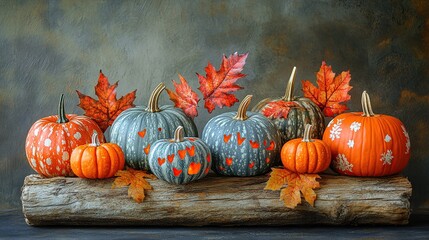Autumn pumpkins decorated with hearts and snowflakes