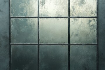 A textured, dark teal glass pane window with a gridded metal frame, evokes a moody atmosphere.
