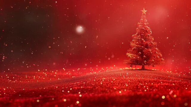 A beautifully adorned Christmas tree stands against a vibrant red backdrop, shimmering with golden lights and falling snowflakes, conjuring a warm, festive winter season setting.