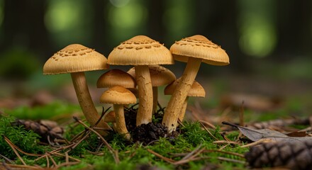 Fototapeta premium Forest Mushrooms on Moss and Pine Needles