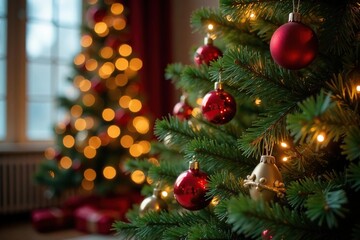 Obraz premium A beautifully decorated Christmas tree with ornaments, lights, and garland , holiday, red