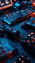 A modern tech-infused workspace showcasing photography gear, keyboard, and game controllers setup