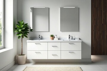 Modern double bathroom vanity with sleek white cabinets and quartz countertop Plenty of storage and stylish design , bright bathroom, storage, clean lines