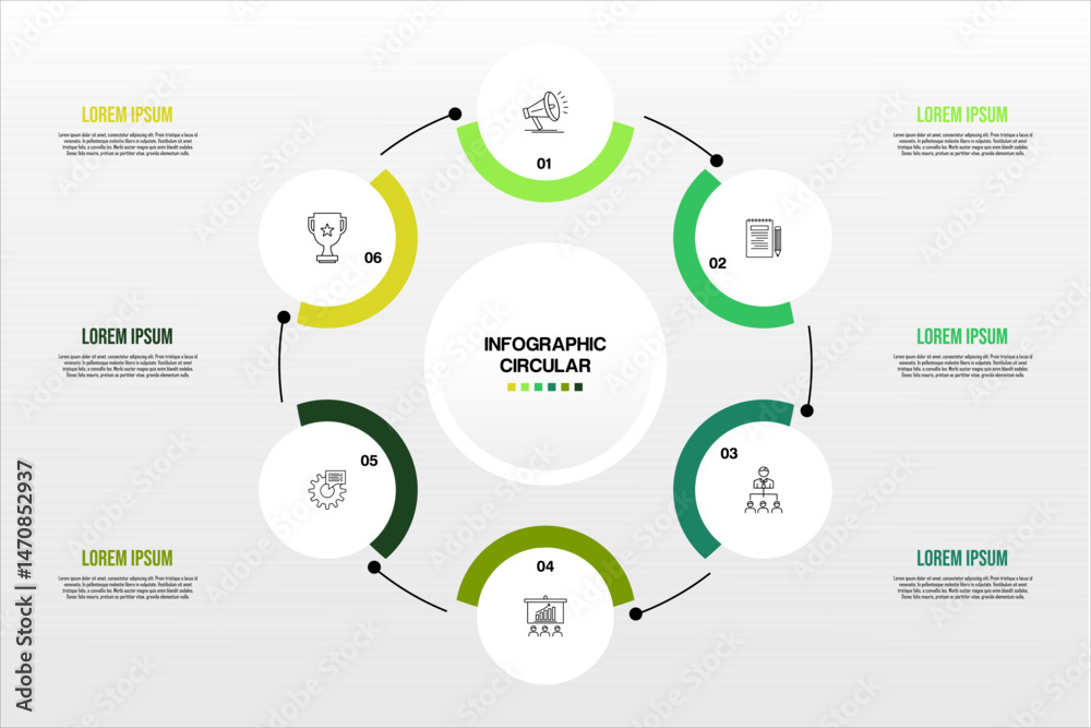 Wall mural infographic circular scheme with 6 step . concept of cyclic business process with 6 stages. minimal 