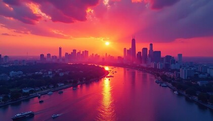 Fototapeta premium Stunning sunset paints the city skyline in vibrant hues of orange, pink, and purple , rooftops, rays