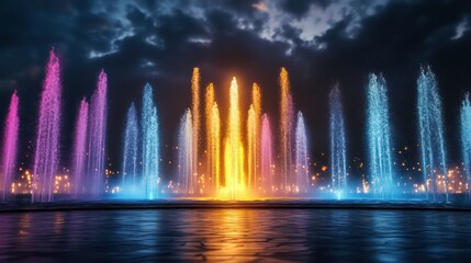 Colorful water fountains at night