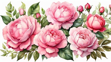 Watercolor Pink Peonies and Roses with Leaves on White Background