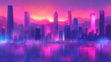 Vibrant cityscape at sunset, neon-lit skyscrapers reflected in calm water