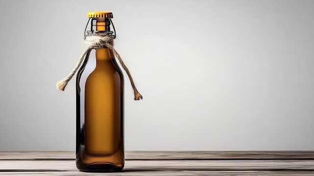 Amber glass bottle wrapped with rustic twine sitting on a wooden table, minimal natural aesthetic, ideal for wellness, packaging mockups, eco-friendly branding, or rustic product visuals.
