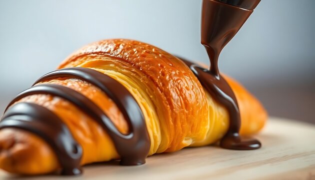 croissant with a chocolate drizzle on top of it