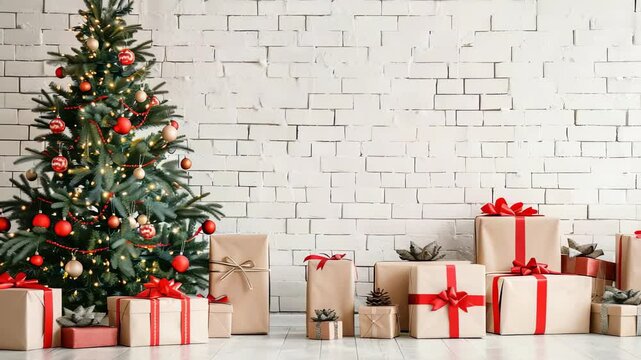 A festive arrangement featuring presents placed near a Christmas tree against a bright white brick wall, creates a warm holiday atmosphere, evoking sentiments of celebration and joy.