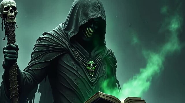 Dark fantasy sorcerer conjuring magic - Hooded sorcerer with staff and book in dark green magical fog