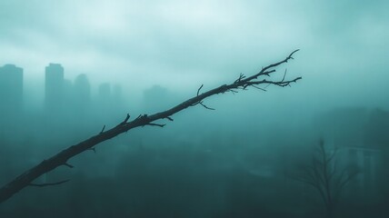 Misty Cityscape With Pixelated Branch