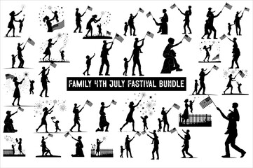 Patriotic Family Silhouette Celebrating Independence Day. Black Silhouette of a Family on Independence Day with Fireworks.
