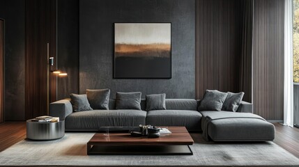 Modern living room with stylish furniture and warm lighting