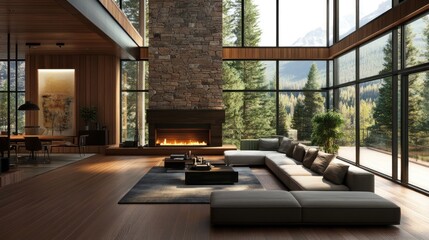 Modern cabin living room with fireplace and forest view