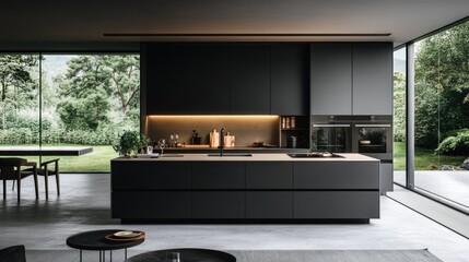 Modern kitchen design with sleek cabinetry and garden view
