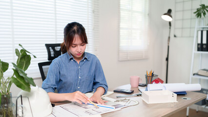 Asian Woman Architect Plans Blueprint Design Building Project Architectural Design Plans Asian...