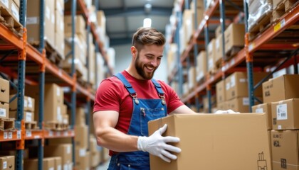 Warehouse worker lifting box distribution center photography indoor environment close-up view logistics management