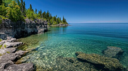 Clear water lake shoreline showcasing rocky coast and deep blue sky above