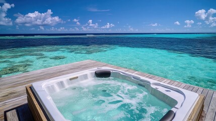 Luxurious hot tub overlooking a serene turquoise ocean