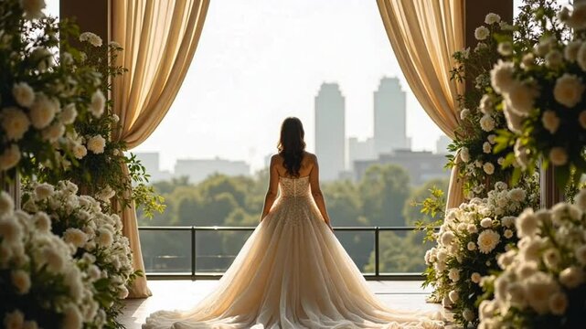 Elegant Bride in Luxurious Outdoor Wedding Setting, Back View of Bride in Beautiful Wedding Gown
