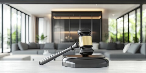 Gavel on a table in a modern home, symbolizing legal proceedings related to property