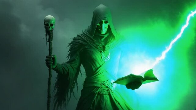 Dark fantasy sorcerer conjuring magic - Hooded sorcerer with staff and book in dark green magical fog
