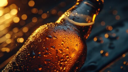A cold bottled beverage covered with water droplets under the light