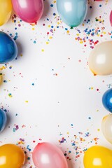Colorful party balloons and confetti frame a blank space