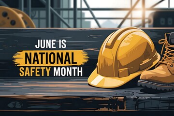 June is National Safety Month: Celebrate workplace safety with a hard hat and boots, promoting safe practices and injury.