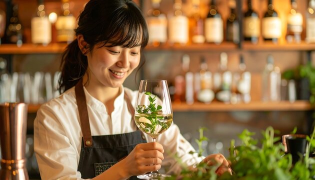 A Japanese Distiller Examines Aromatic Botanicals in a Copper-Toned Gin Glass