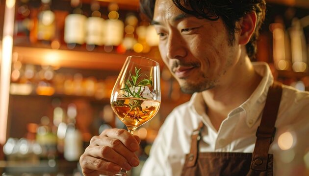 Swirling Botanicals in a Tasting Glass by a Japanese Gin Distiller in Warm Copper Light