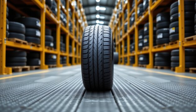 Inspecting tire inventory warehouse product photography industrial setting ground level logistics and supply chain
