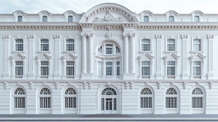 Obraz premium A tall white building featuring numerous arched windows and a grand central archway, with clean lines and a symmetrical facade