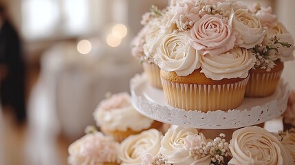 Elegant tiered cupcake display with delicate rose decorations
