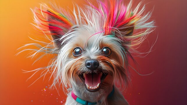 Energetic dog bouncing with silly hair and joyful smile on its face. Funny animal concept