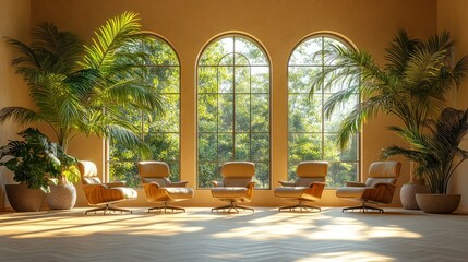 Biophilic office interior with tall palms adding life behind ergonomic chairs and sunlight pouring in from arched windows