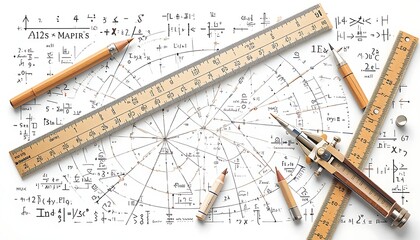 Drafting Tools on Paper with Formulas and Drawings