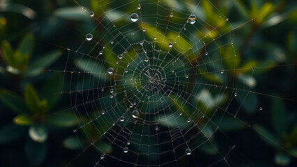 Naklejka premium Dewdrops on a Spiderweb in a Lush Green Garden Nature Photography