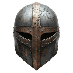 Worn medieval helmet close-up, battle-ready, showcasing intricate details and aged metallic texture