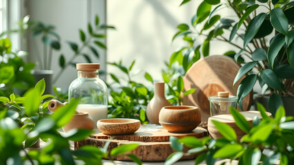 Wooden Bowls Jars Plants Natural Spa Wellness Still Life Photography