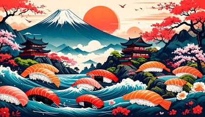寿司と浮世絵が融合した和風アート