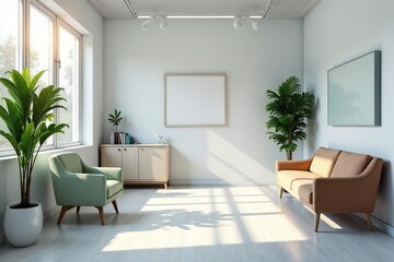 Modern, clean doctor's office waiting area with comfortable seating and natural light , relaxing, comfortable, treatment