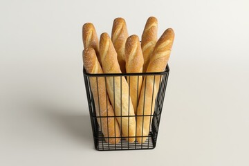 Fresh baguettes in a wire basket