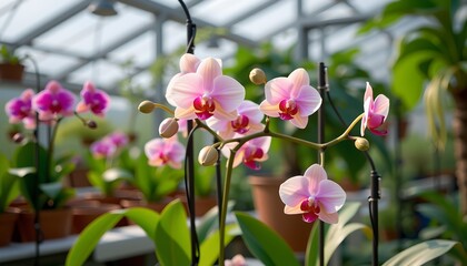 Fototapeta premium the photo showcases a vibrant display of orchids in a nursery environment
